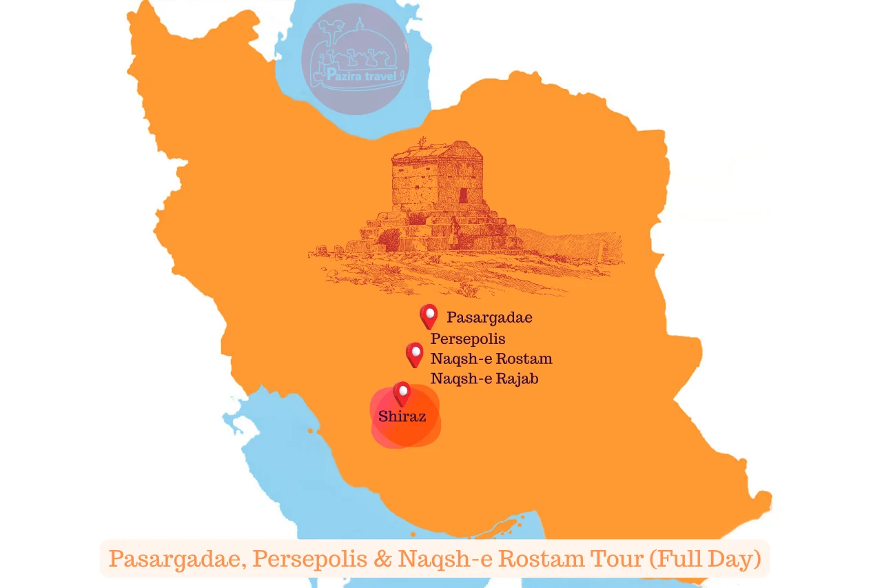 Explore Pasargadae, Persepolis & Naqsh-e Rostam Tour route on the map! Exclusive tour, public tour, group tour Persepolis Pasargadae